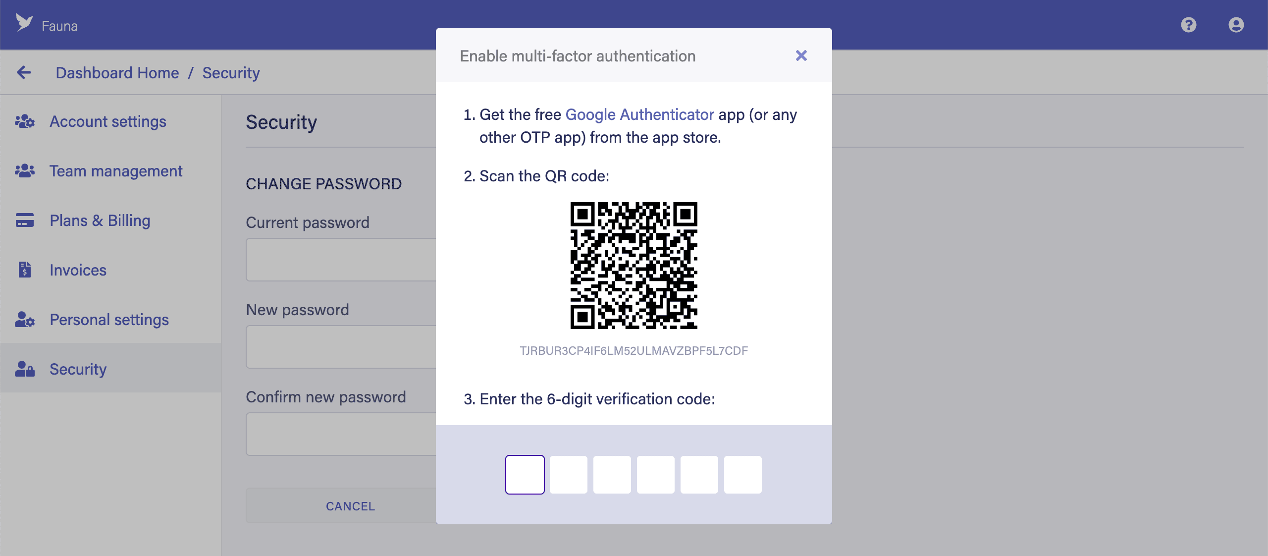 The Dashboard dialog containing instructions to enable MFA