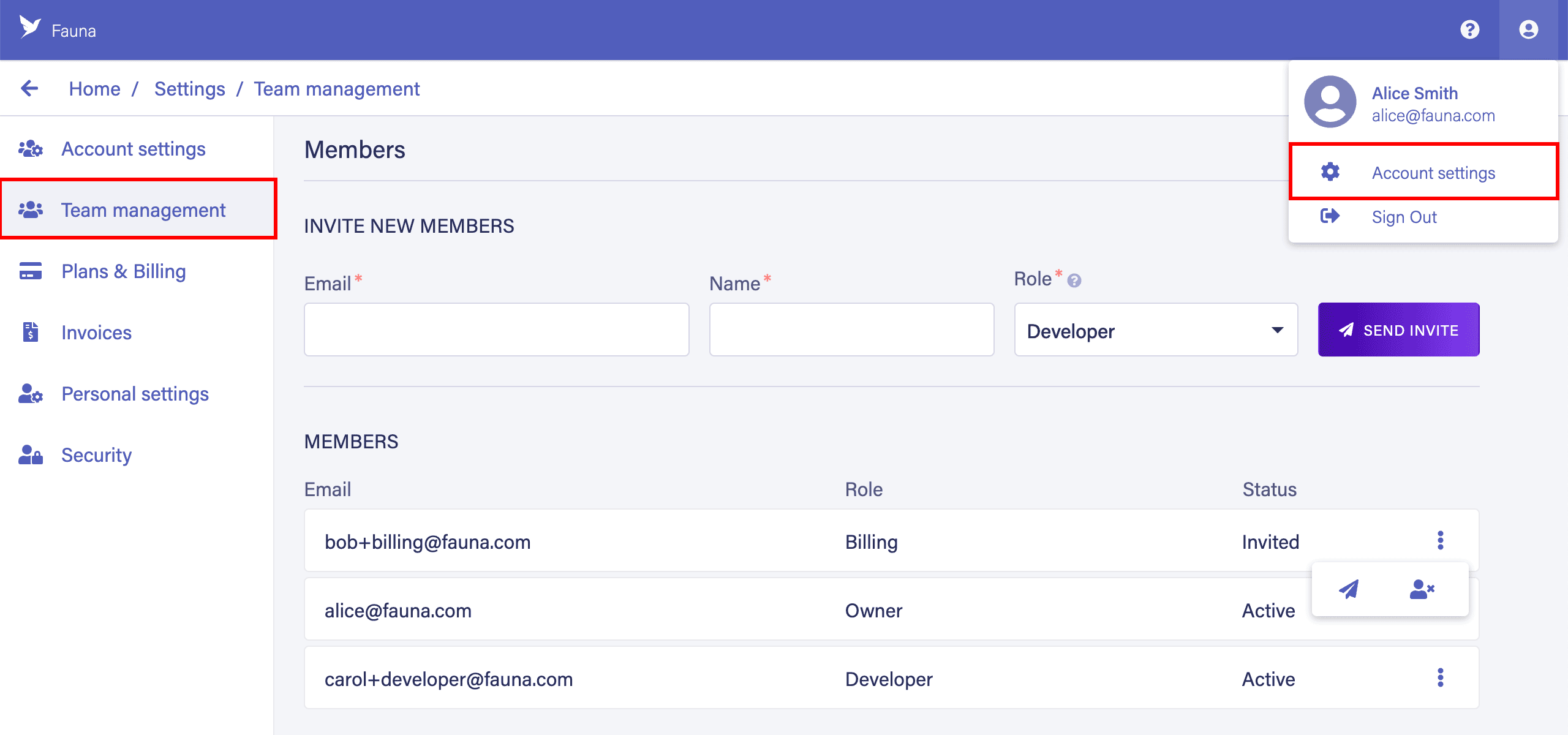 The team management screen Fauna Dashboard