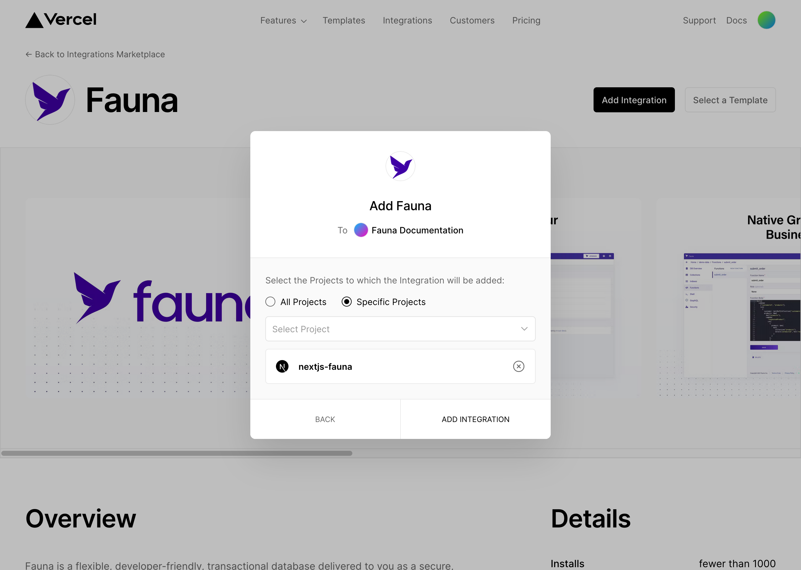 The Install Fauna dialog with a project selected, on the Vercel site