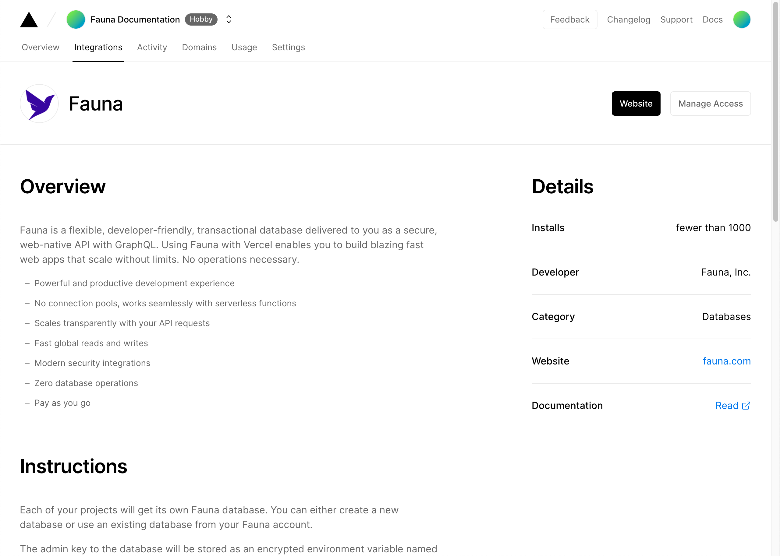 The Integration configuration screen, on the Vercel site