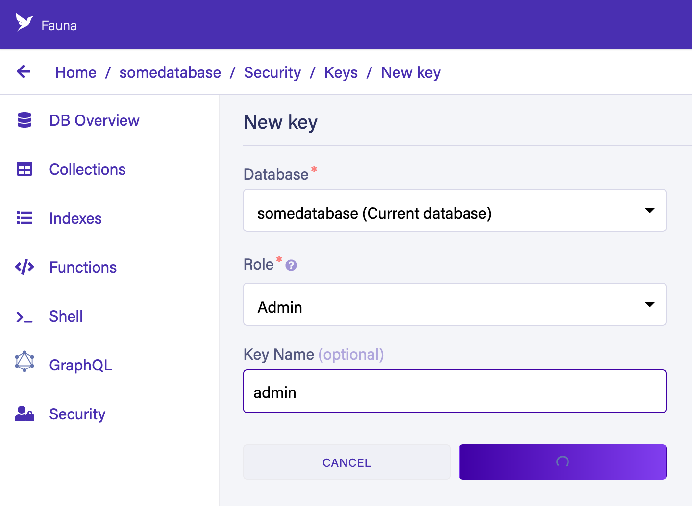 Screenshot: setup admin key