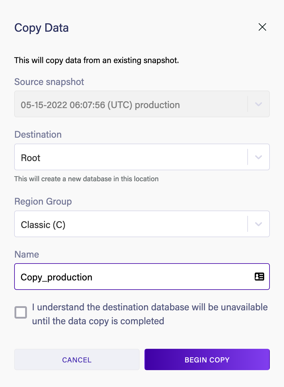 The Dashboard’s Copy Data panel