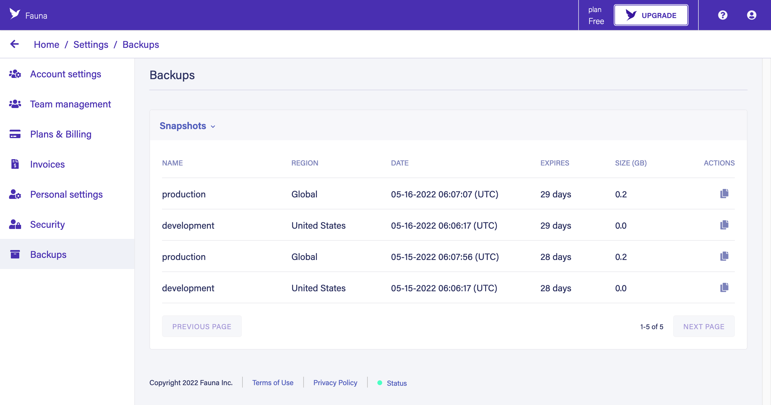 The Backups overview page in the Dashboard, showing available snapshots