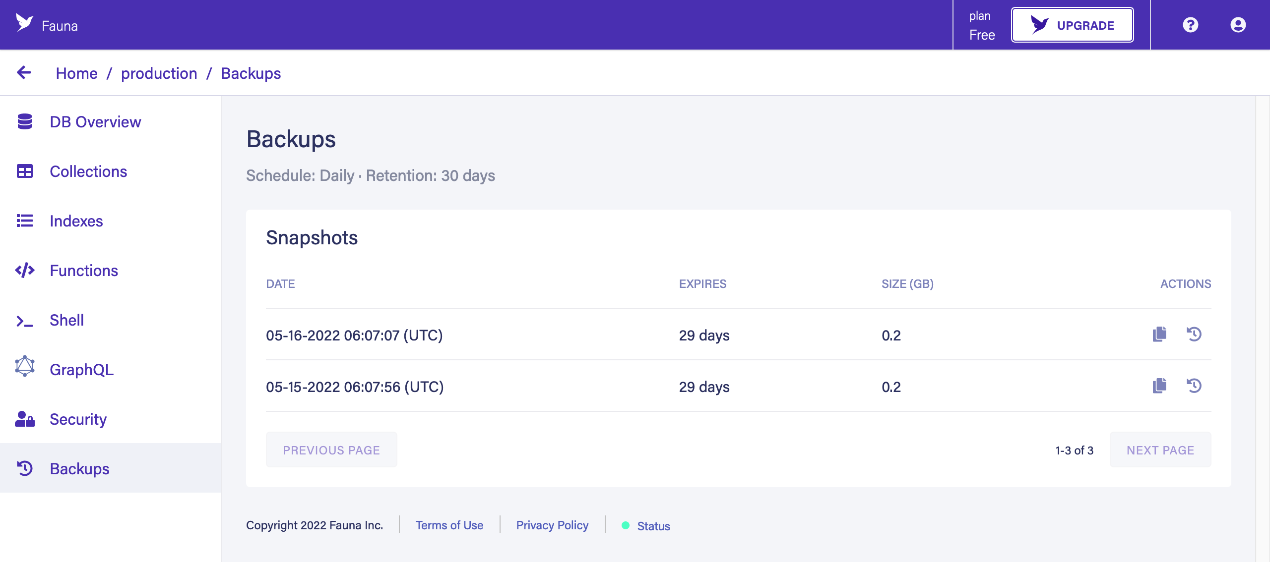 The Backups per database page in the Dashboard