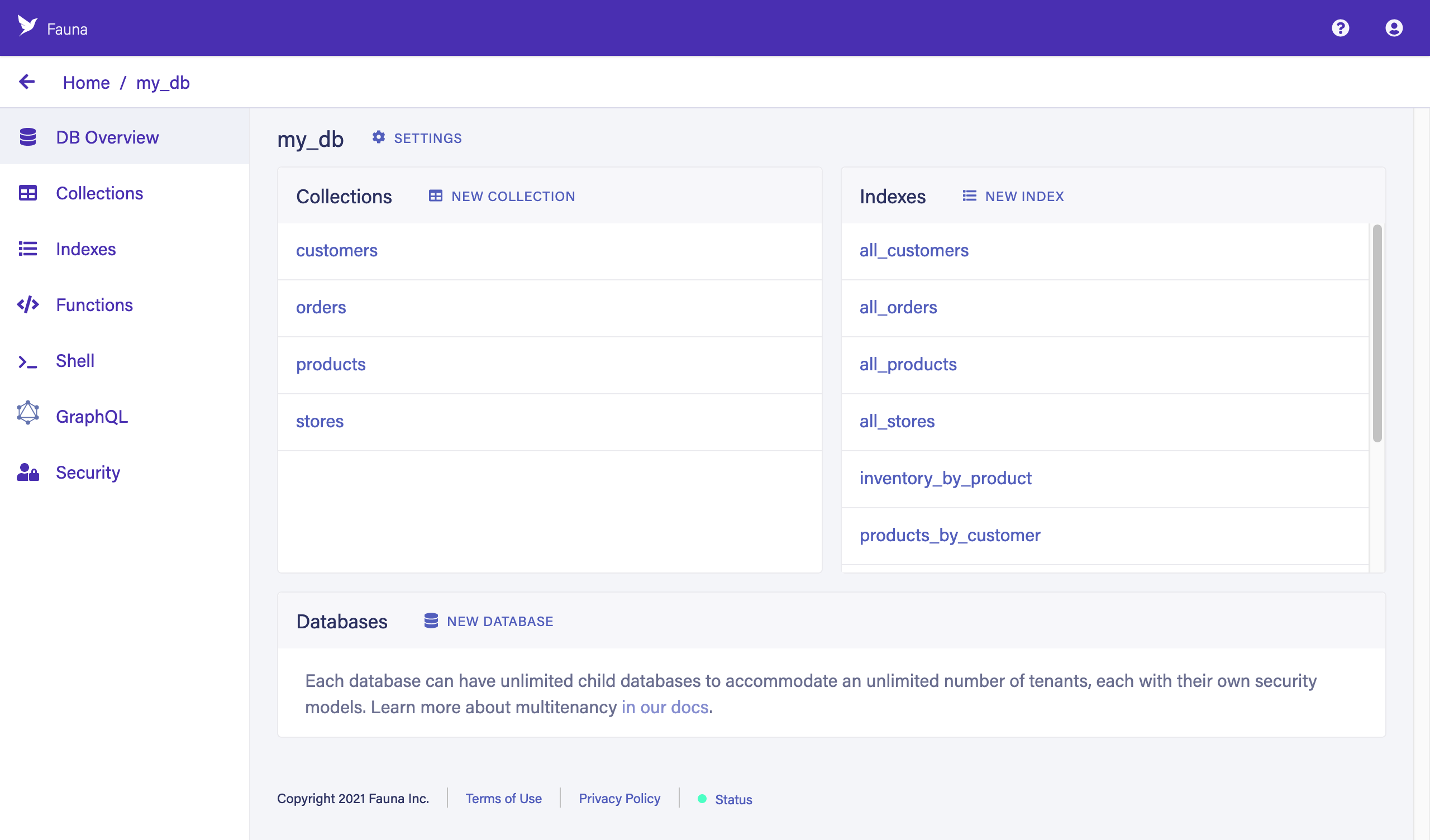 The Fauna Dashboard database overview screen