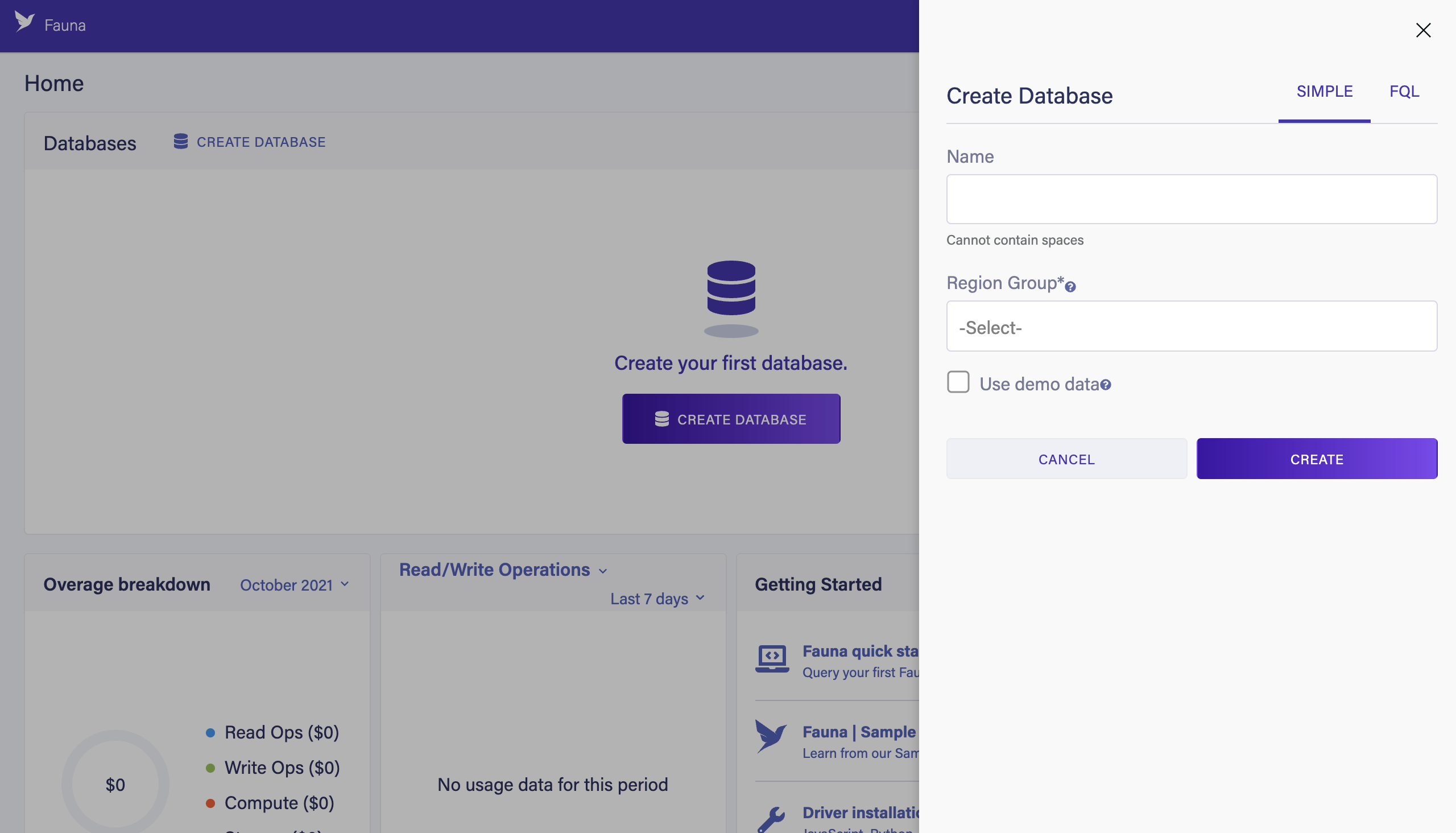 The Fauna Dashboard new database screen