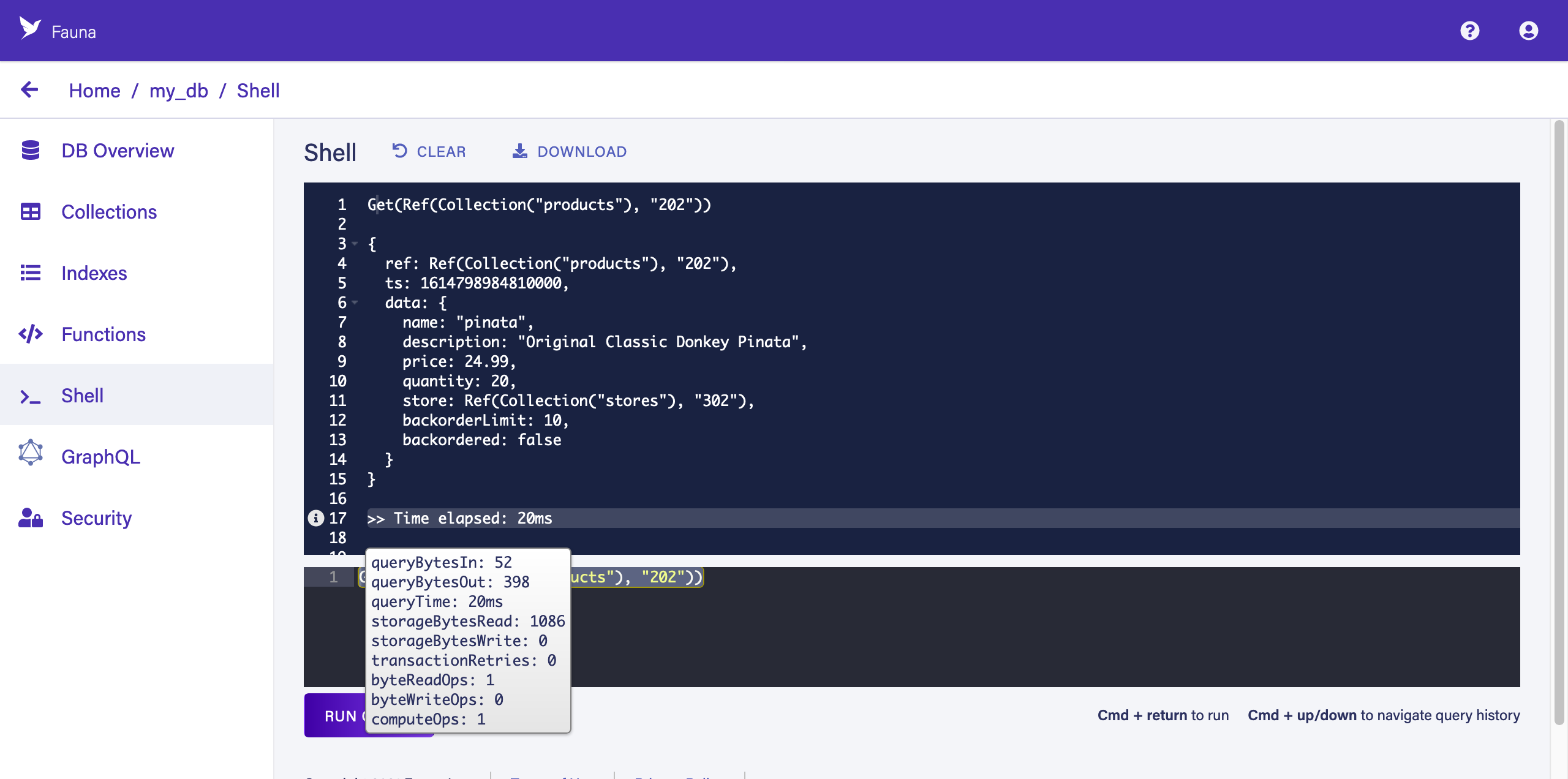 The Fauna Dashboard shell screen with the query result and query statistics tooltip