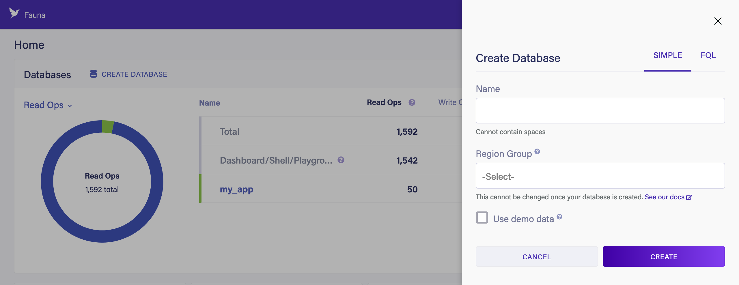 The New Database screen in the Dashboard, featuring the Region Group selector