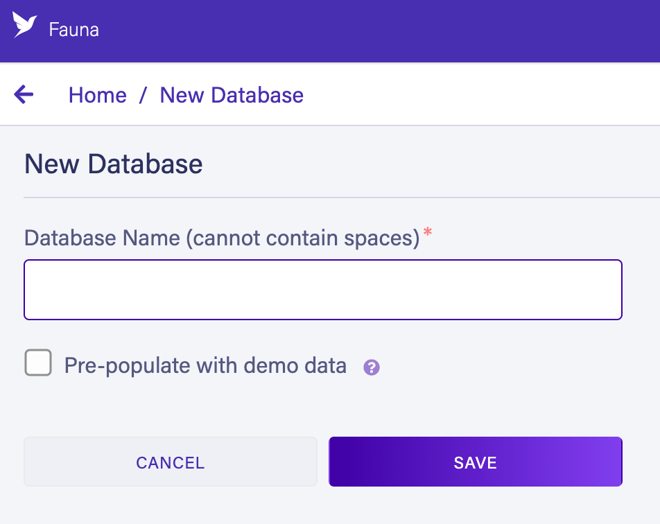 The Dashboard New Database screen