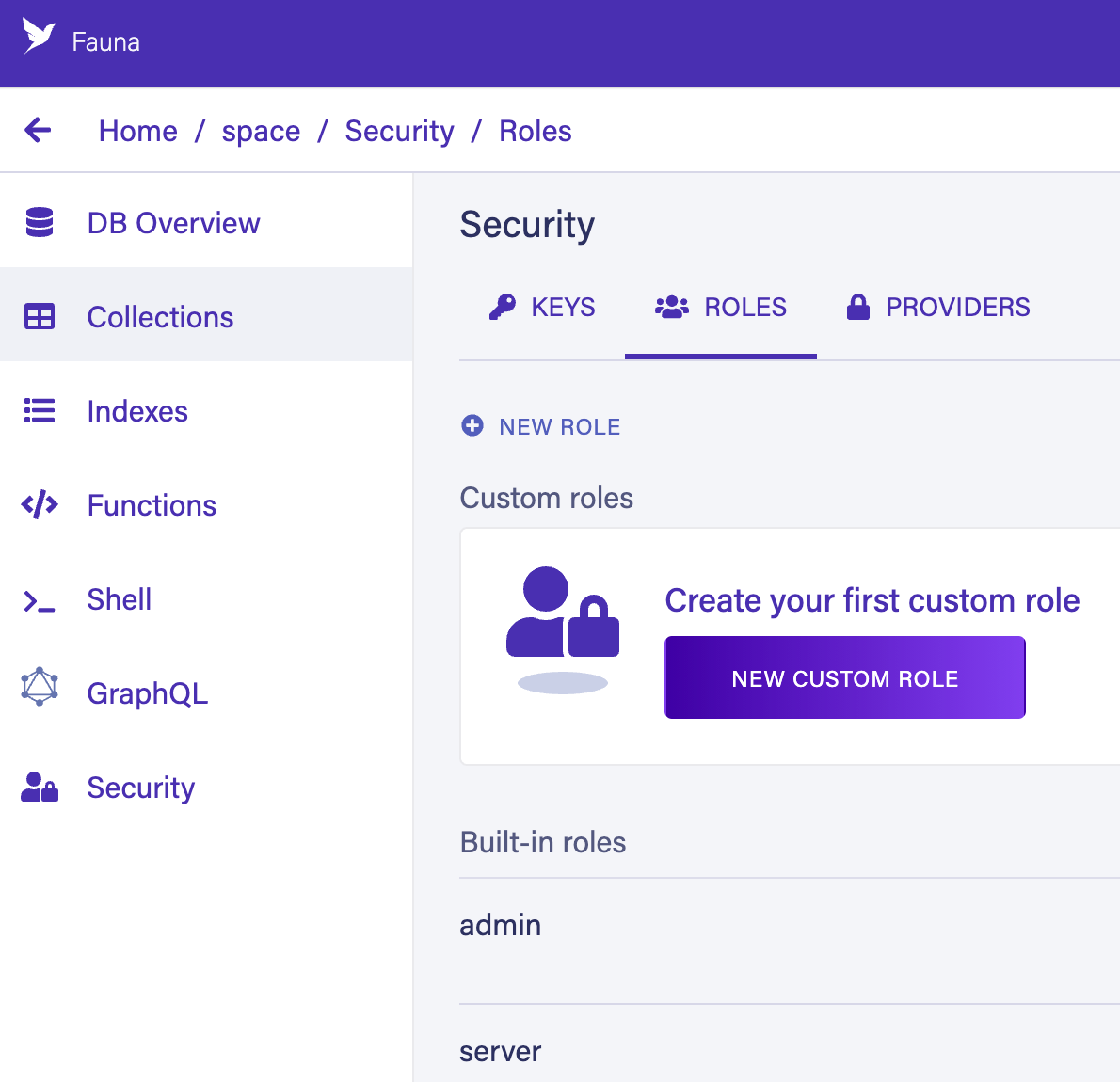 The Roles screen in the Dashboard