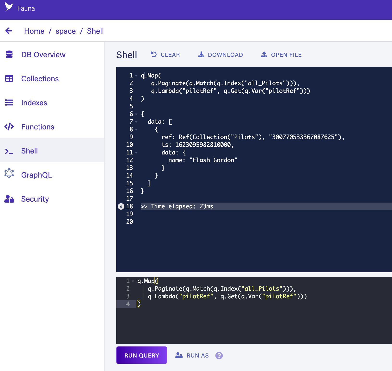 The Dashboard shell demonstrating a JavaScript query