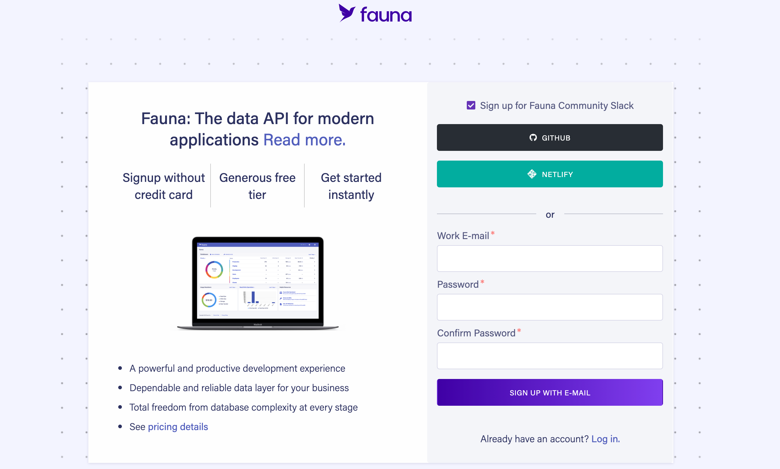 The Fauna Dashboard signup screen